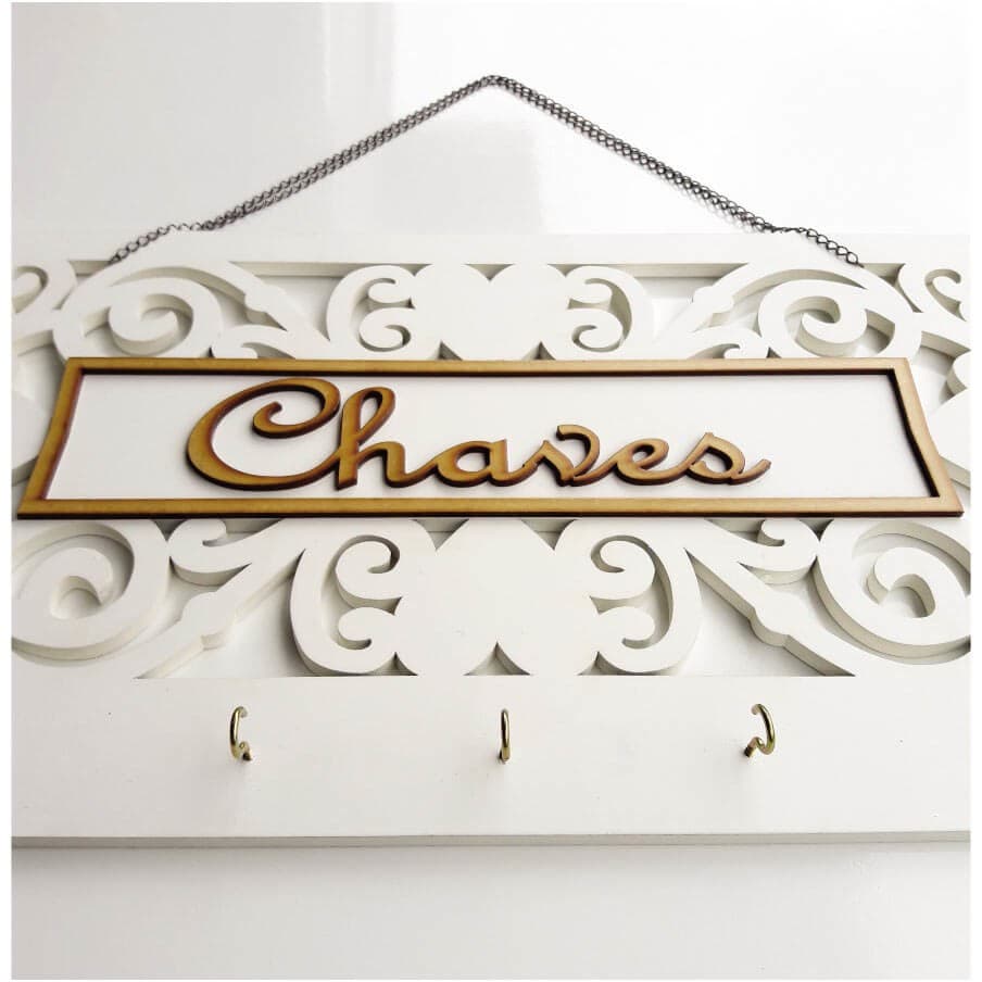 Porta Chaves Madeira com 5 Ganchos Estilo Arabescos Na Cor Branco — foto 3