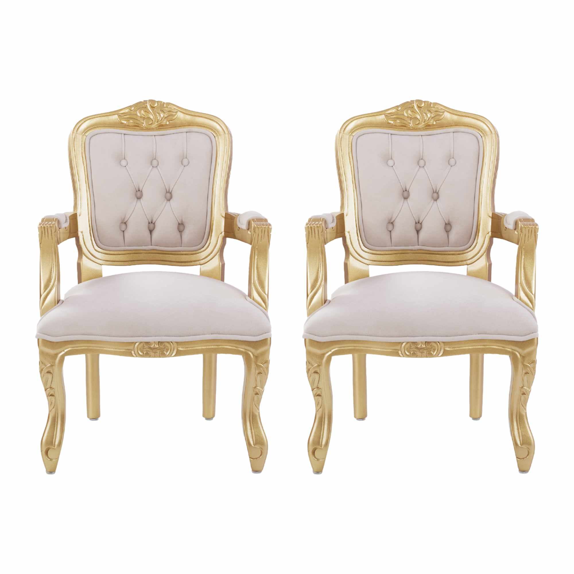 Conjunto 2 Poltronas Infantis Luis Xv Dourado Encosto Capitonê