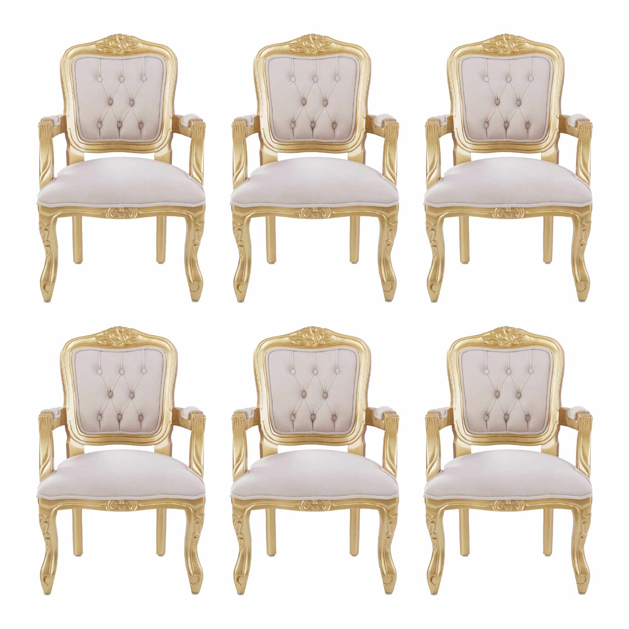 Conjunto 6 Poltronas Infantis Luis Xv Dourado Encosto Capitonê