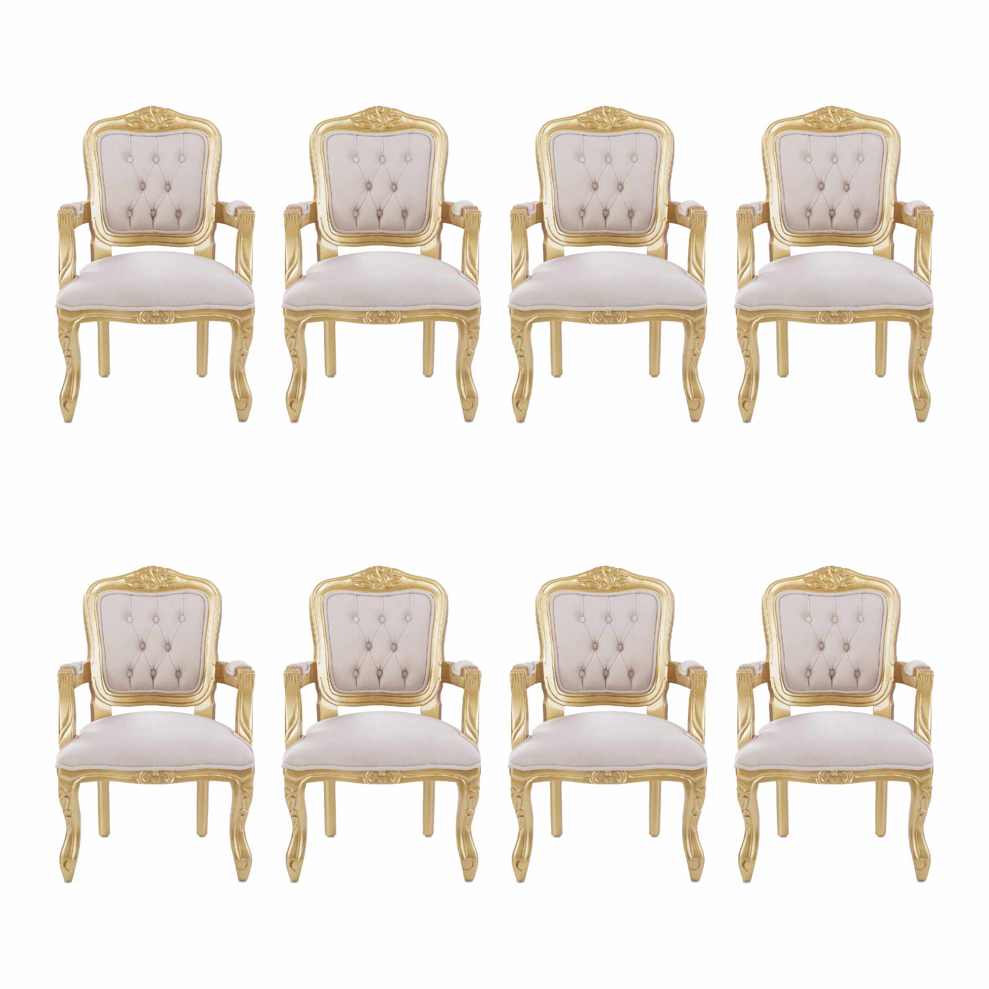 Conjunto 8 Poltronas Infantis Luis Xv Dourado Encosto Capitonê