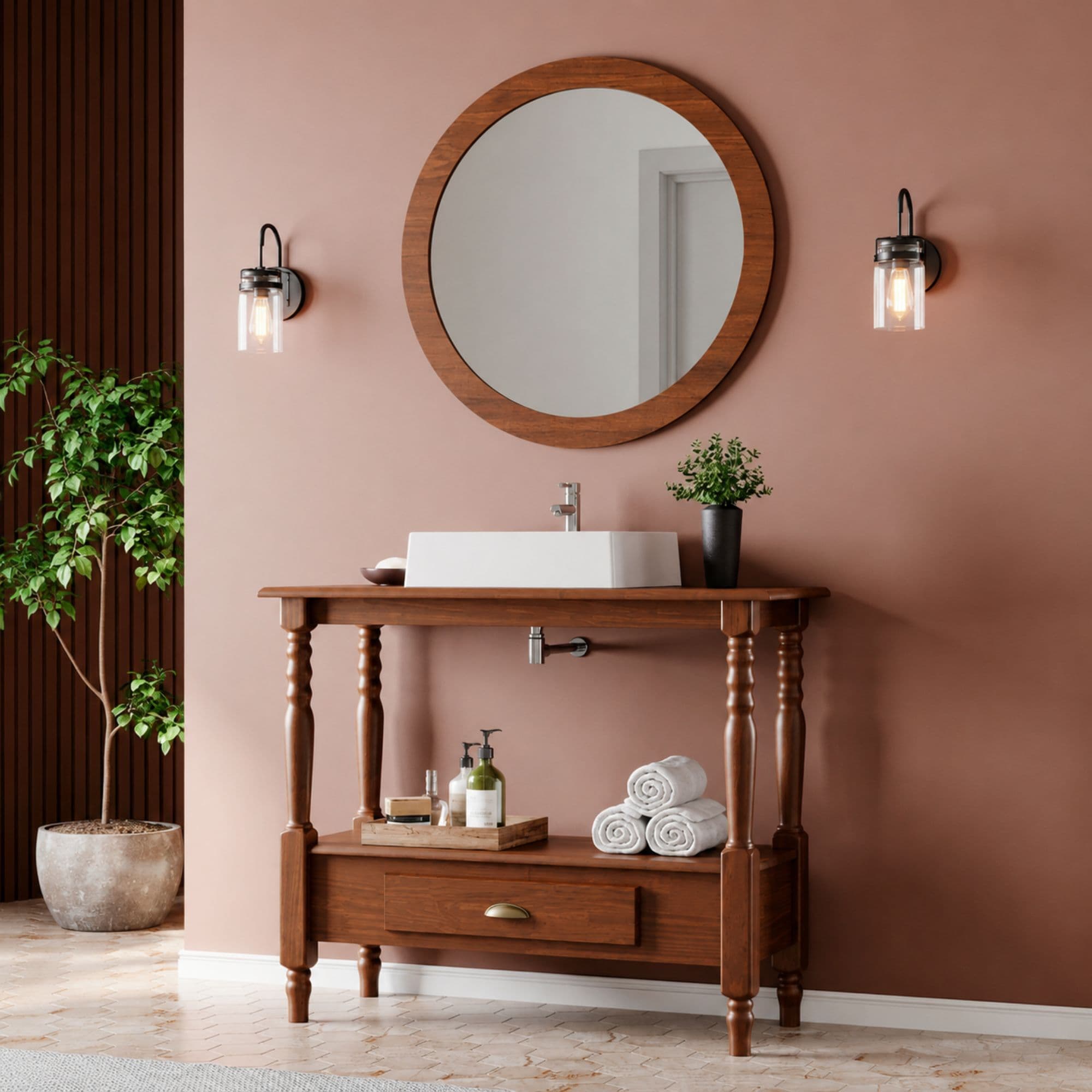Lavabo Dália de Madeira com Cuba de Porcelana, Prateleira e Gaveta