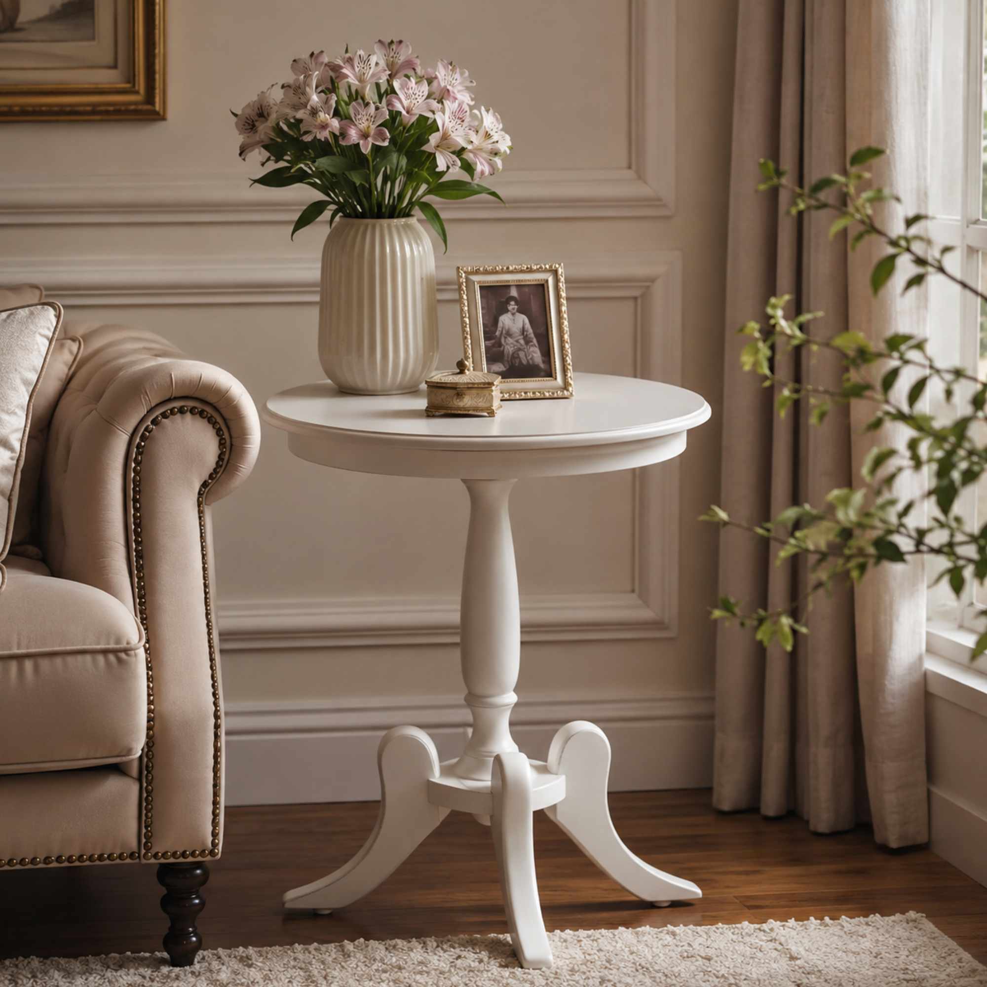 Mesa Lateral Redonda de Madeira 60 Cm Fênix Branco Provençal