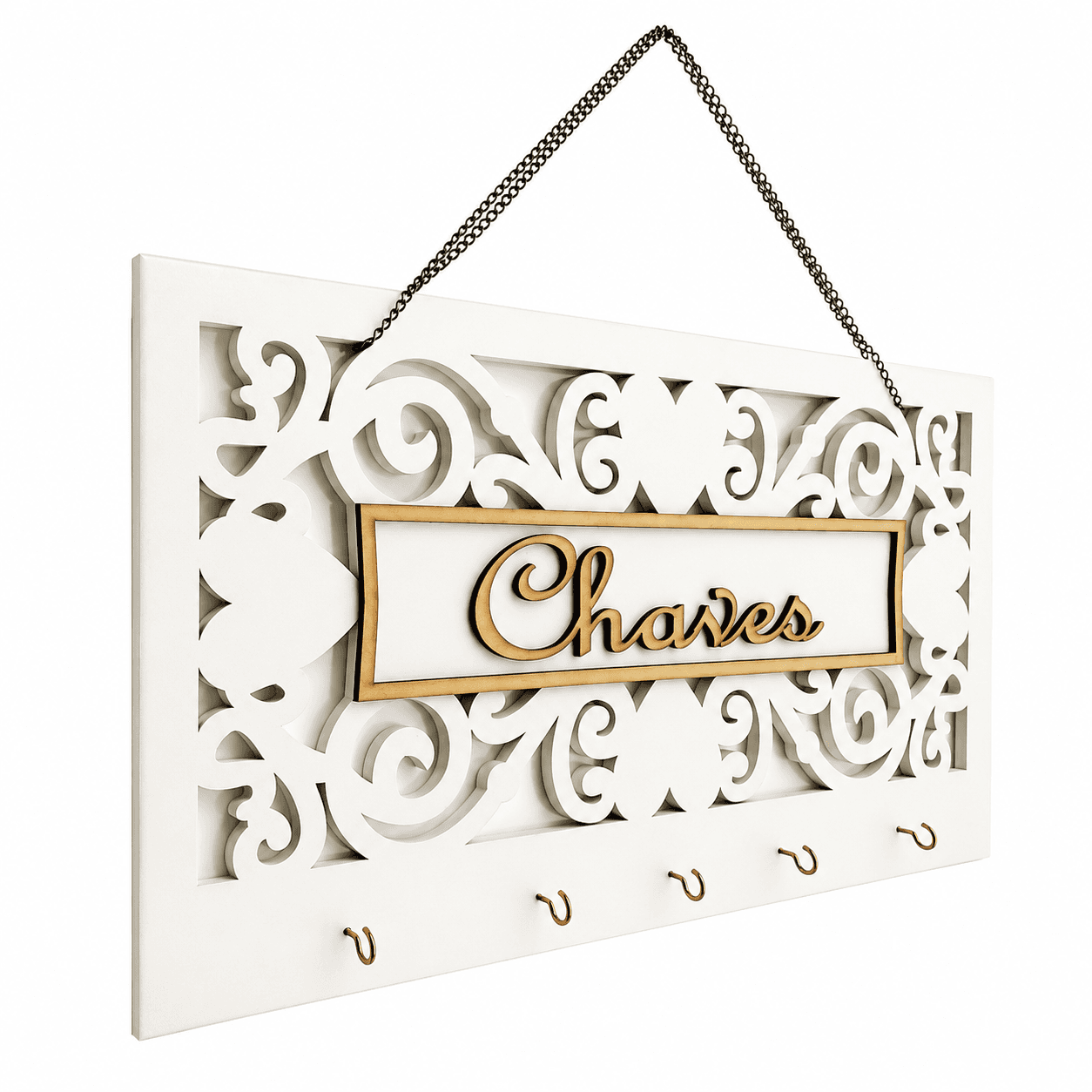 Porta Chaves Madeira com 5 Ganchos Estilo Arabescos Na Cor Branco