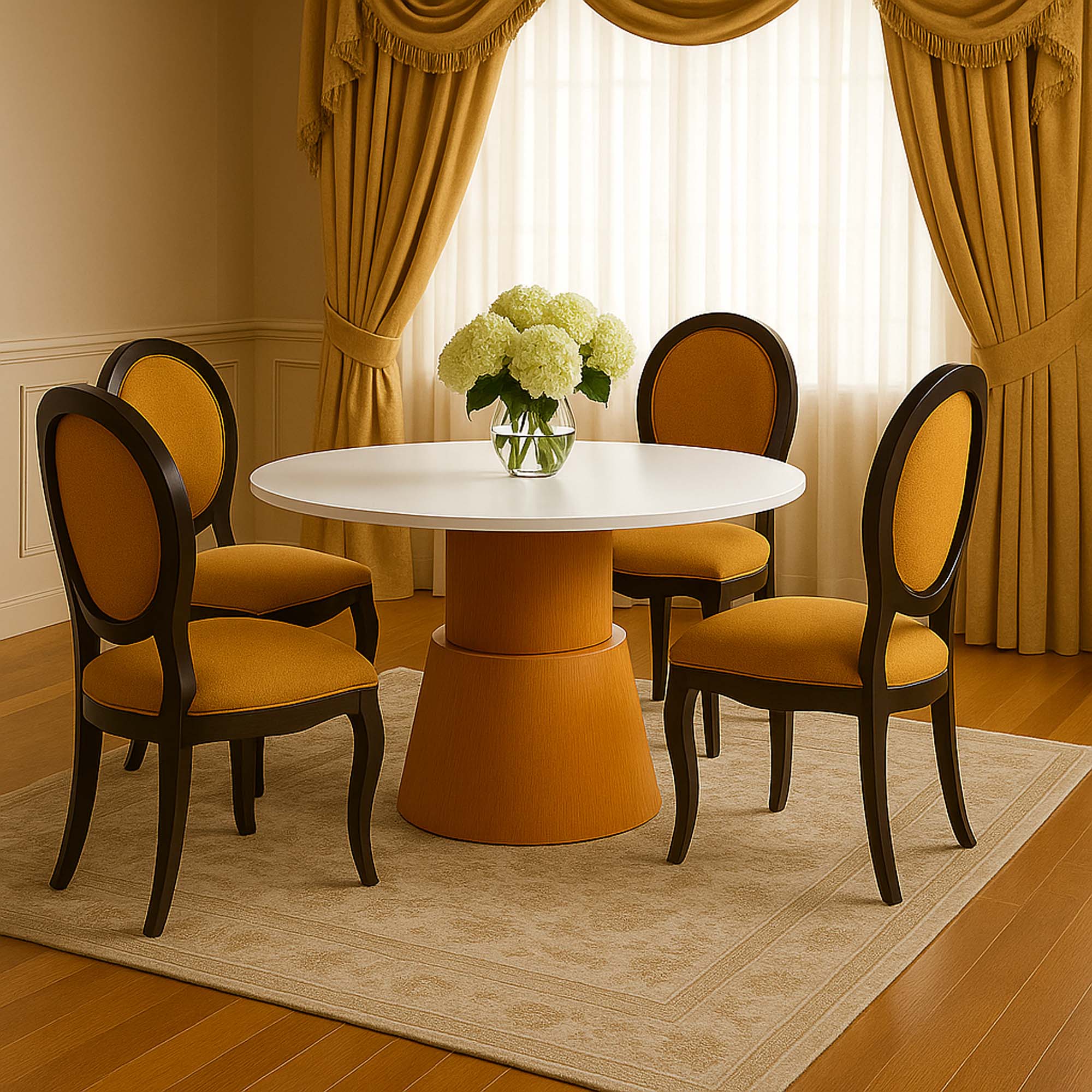 Conjunto Mesa de Jantar Carolina Redonda 120 Cm Mdf Imbuia e Branco 4 Cadeiras Medalhão Preta