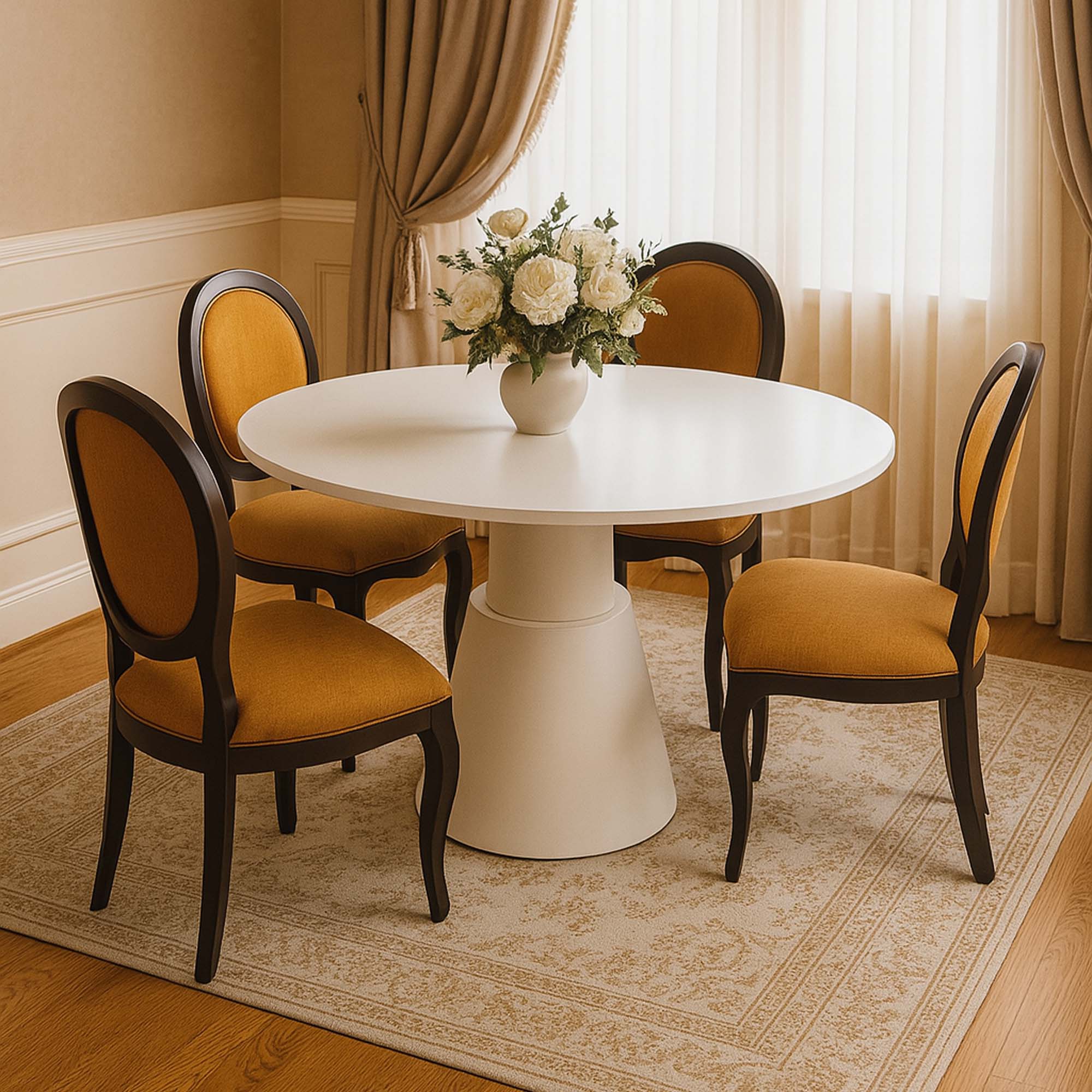 Conjunto Mesa de Jantar Carolina Redonda 120 Cm Mdf Branco 4 Cadeiras Medalhão Preta