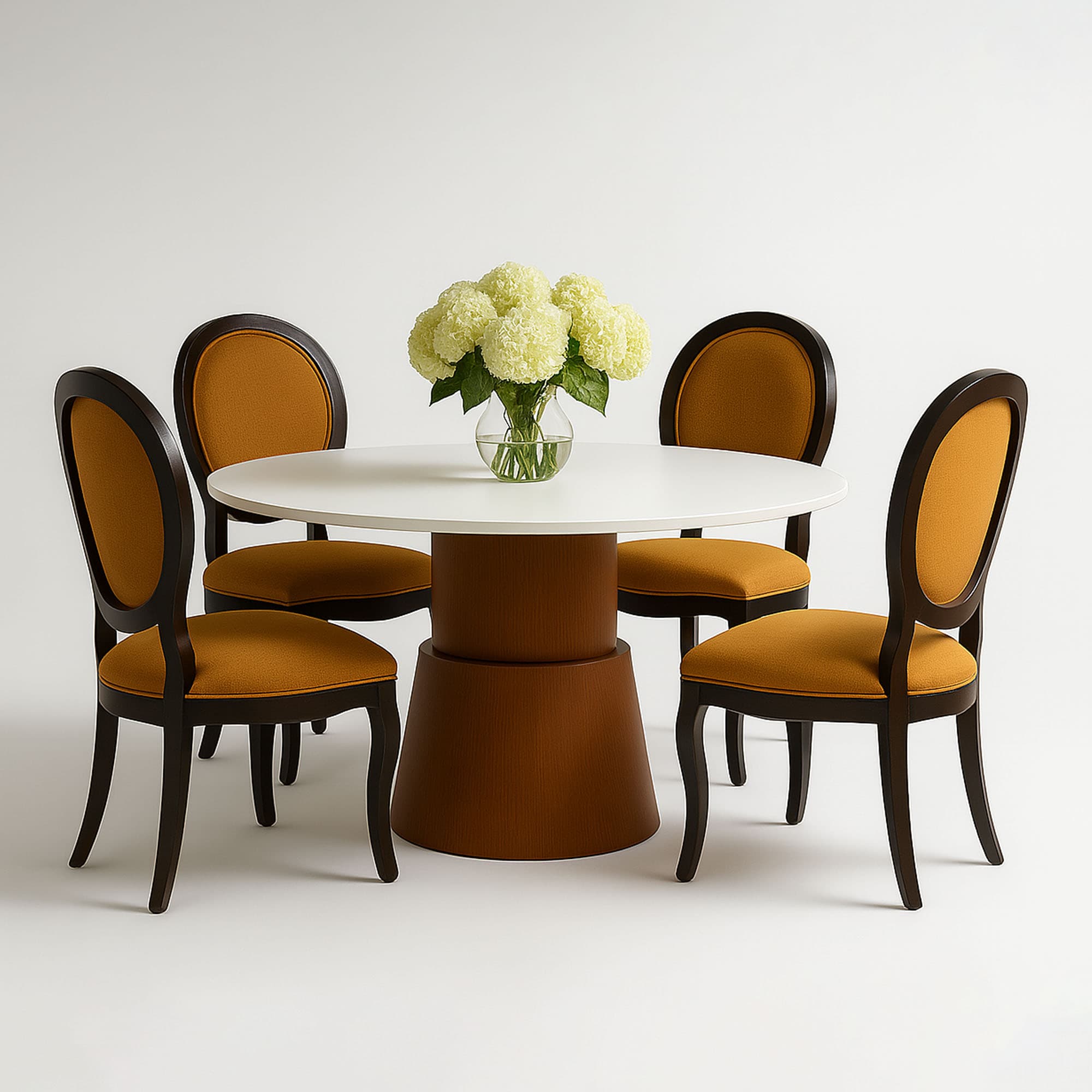 Conjunto Mesa de Jantar Carolina Redonda 120 Cm Tabaco e Branco 4 Cadeiras Medalhão Preta