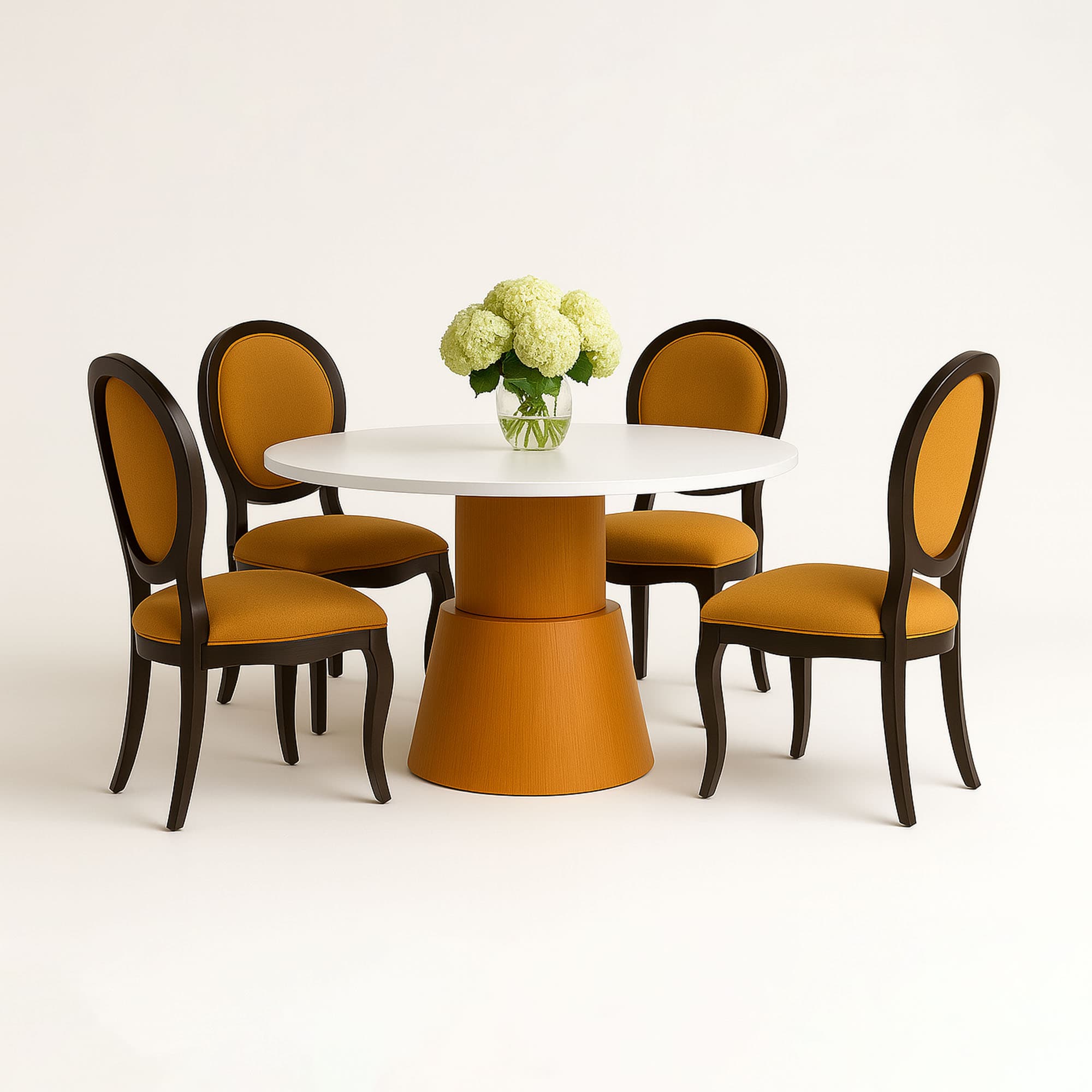 Conjunto Mesa de Jantar Carolina Redonda 120 Cm Mdf Imbuia e Branco 4 Cadeiras Medalhão Preta