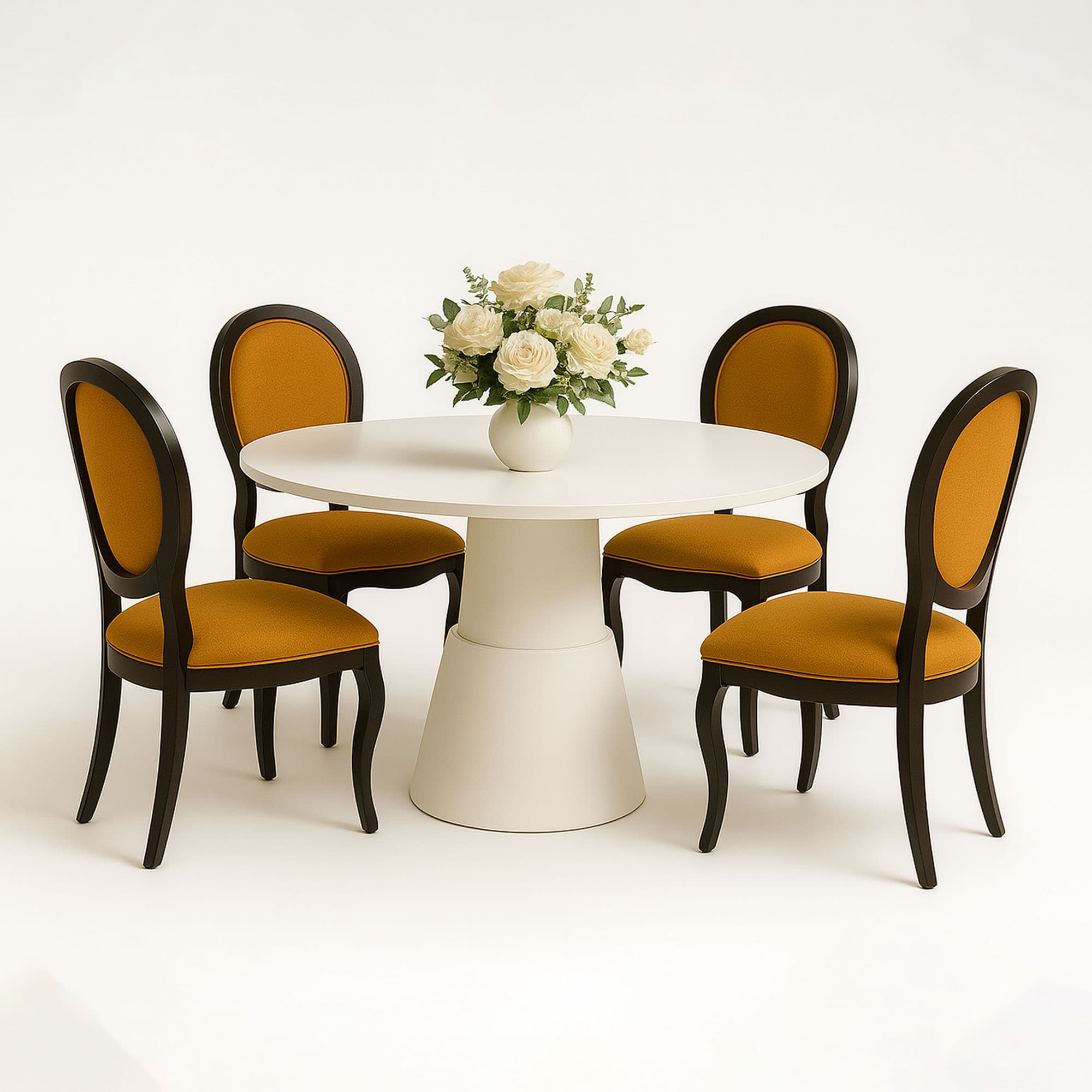Conjunto Mesa de Jantar Carolina Redonda 120 Cm Mdf Branco 4 Cadeiras Medalhão Preta