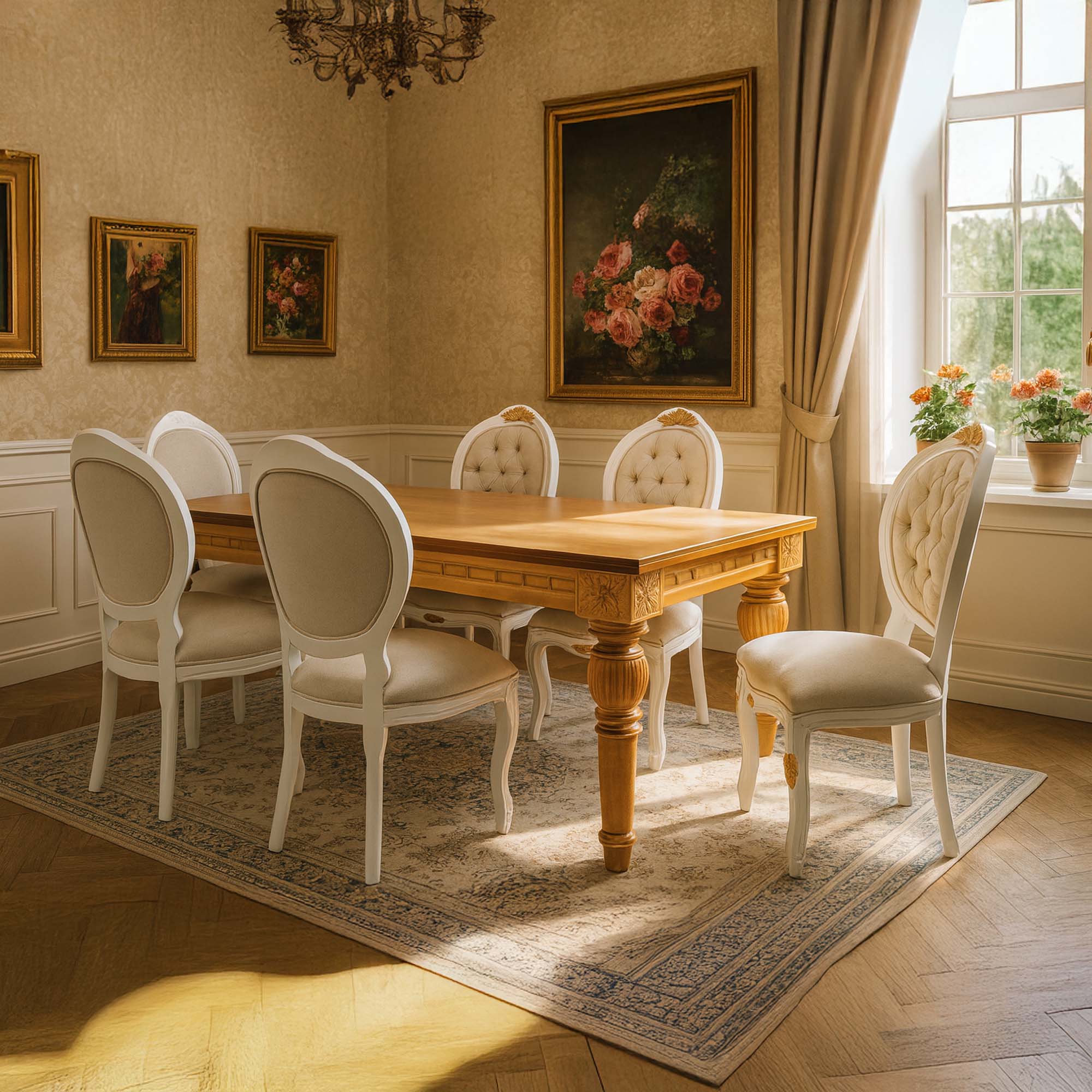 Conjunto Mesa Jantar 200 X 100 Cm Tampo Mdf com 6 Cadeiras Medalhão Branca