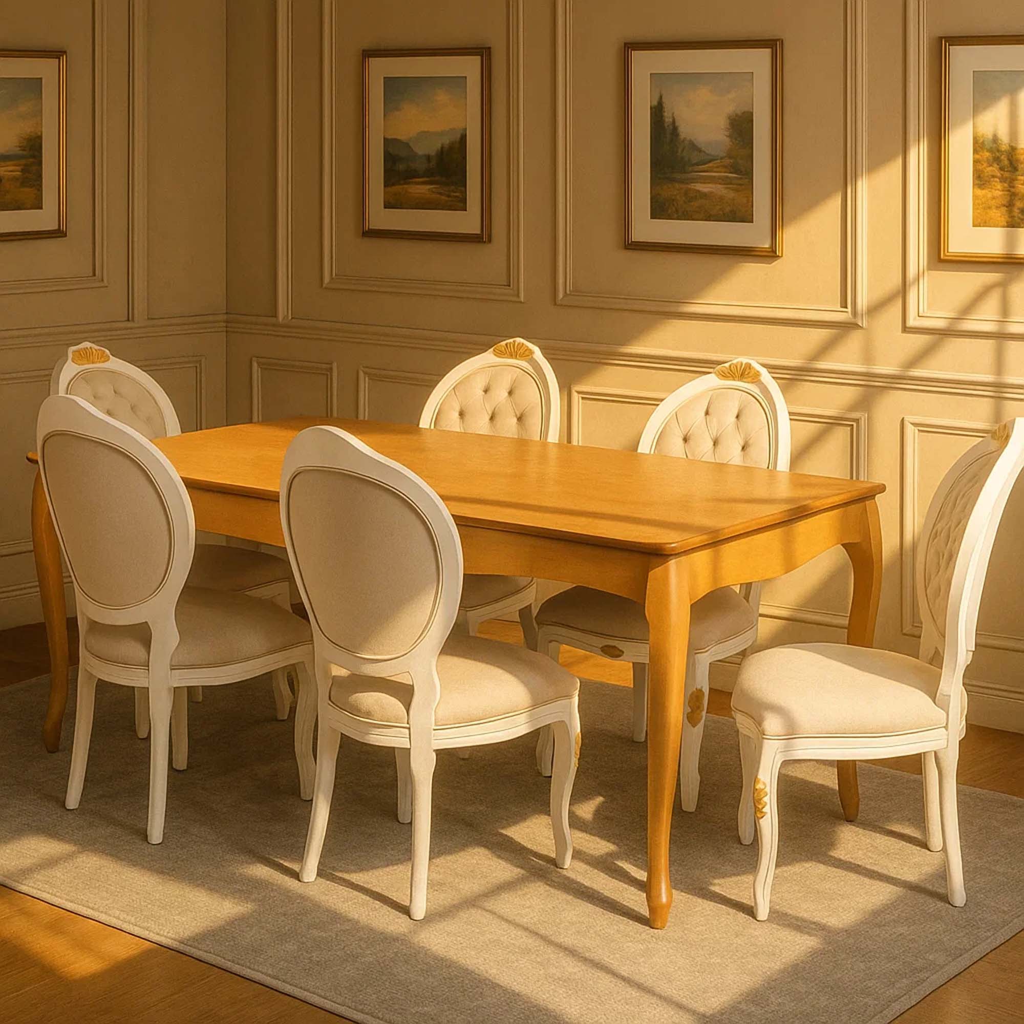 Conjunto Mesa Jantar 200 X 100 Cm Tampo Mdf Cor Amêndoa com 6 Cadeiras Medalhão Branca