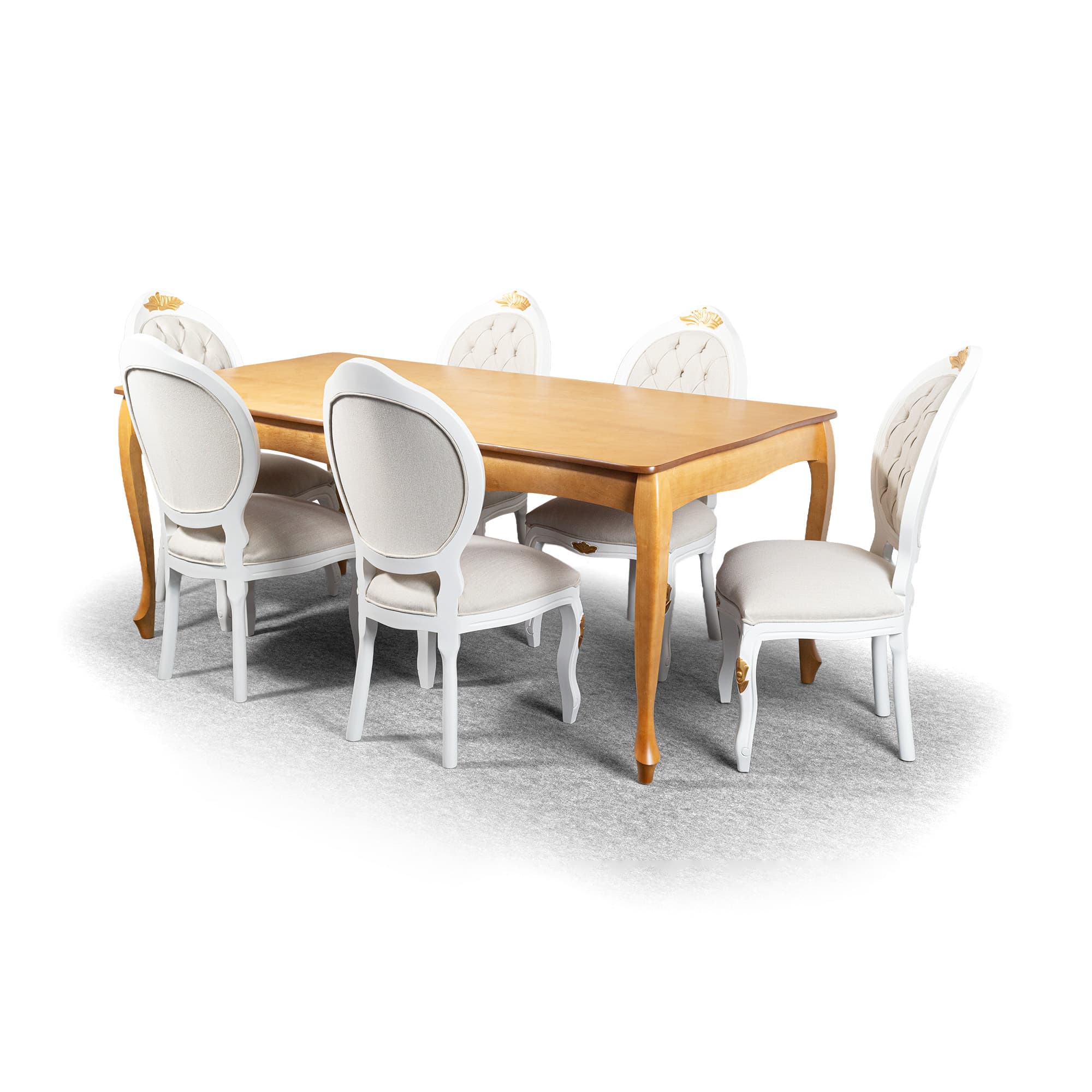 Conjunto Mesa Jantar 200 X 100 Cm Tampo Mdf Cor Amêndoa com 6 Cadeiras Medalhão Branca