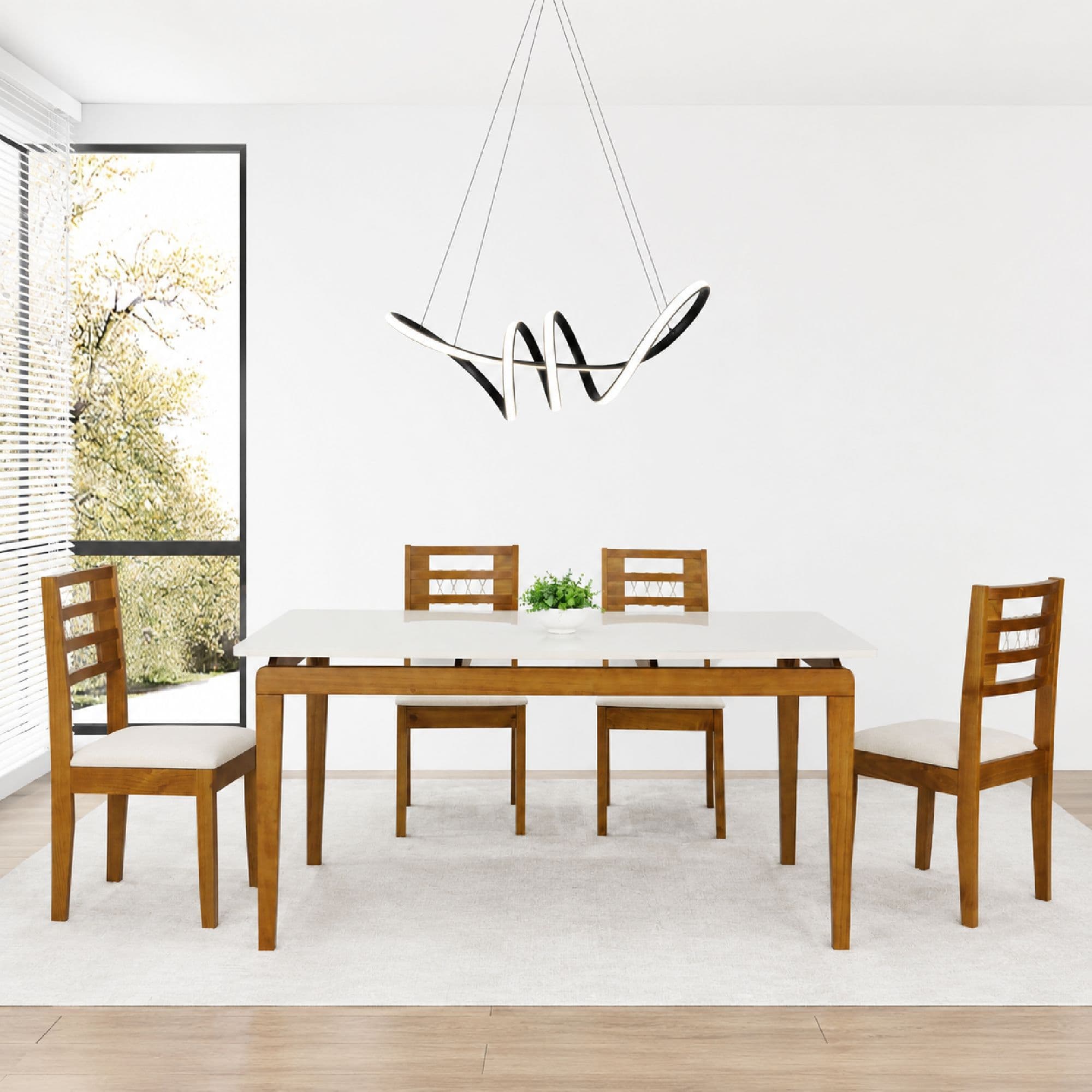 Conjunto Mesa de Jantar com Tampo de Vidro e 4 Cadeiras Ripadas
