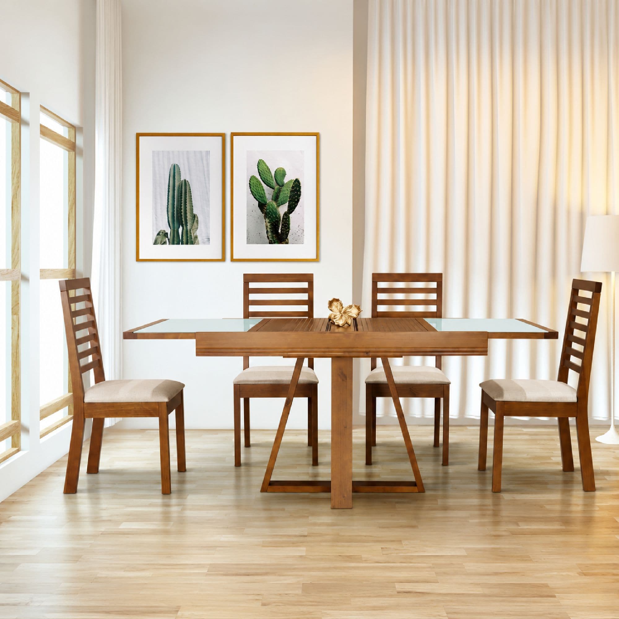 Conjunto Mesa Extensível Ypê 1,20 com Vidro Fendi e 4 Cadeiras