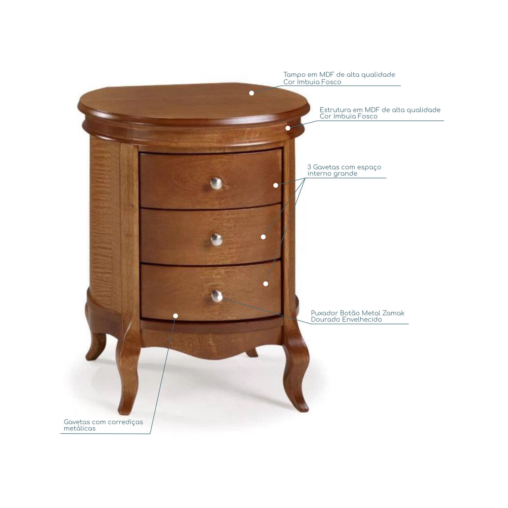 Mesa de Cabeceira Barrica Francesa de Madeira Cor Imbuia 3 Gavetas