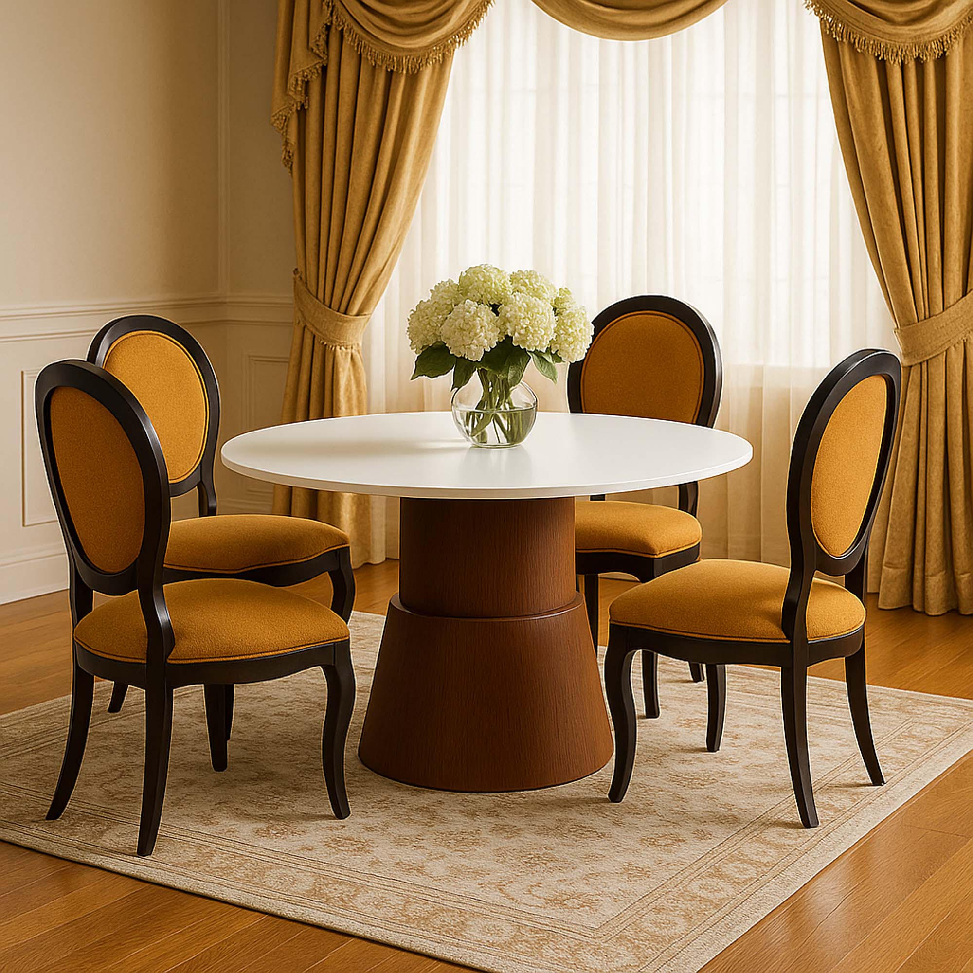 Conjunto Mesa de Jantar Carolina Redonda 120 Cm Tabaco e Branco 4 Cadeiras Medalhão Preta